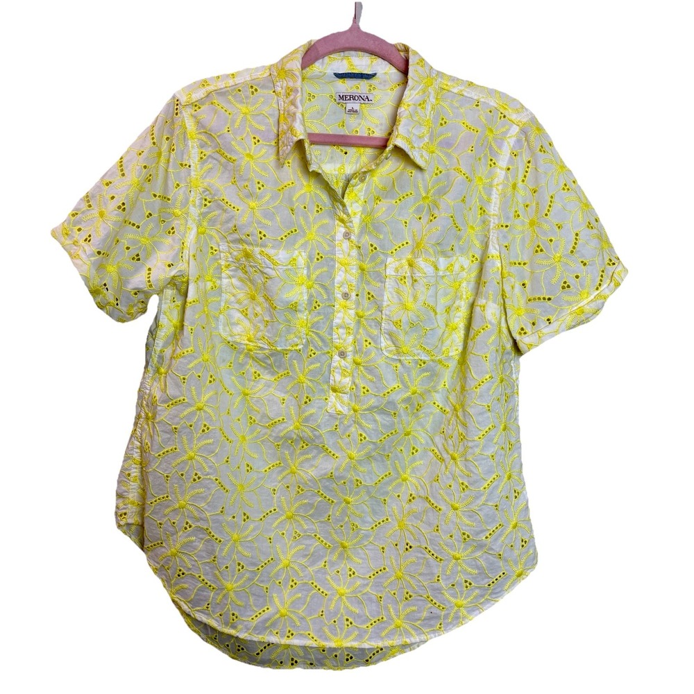 Merona Yellow & White Embroidered Flower Cotton‎ Top Eyelet Women's Large L